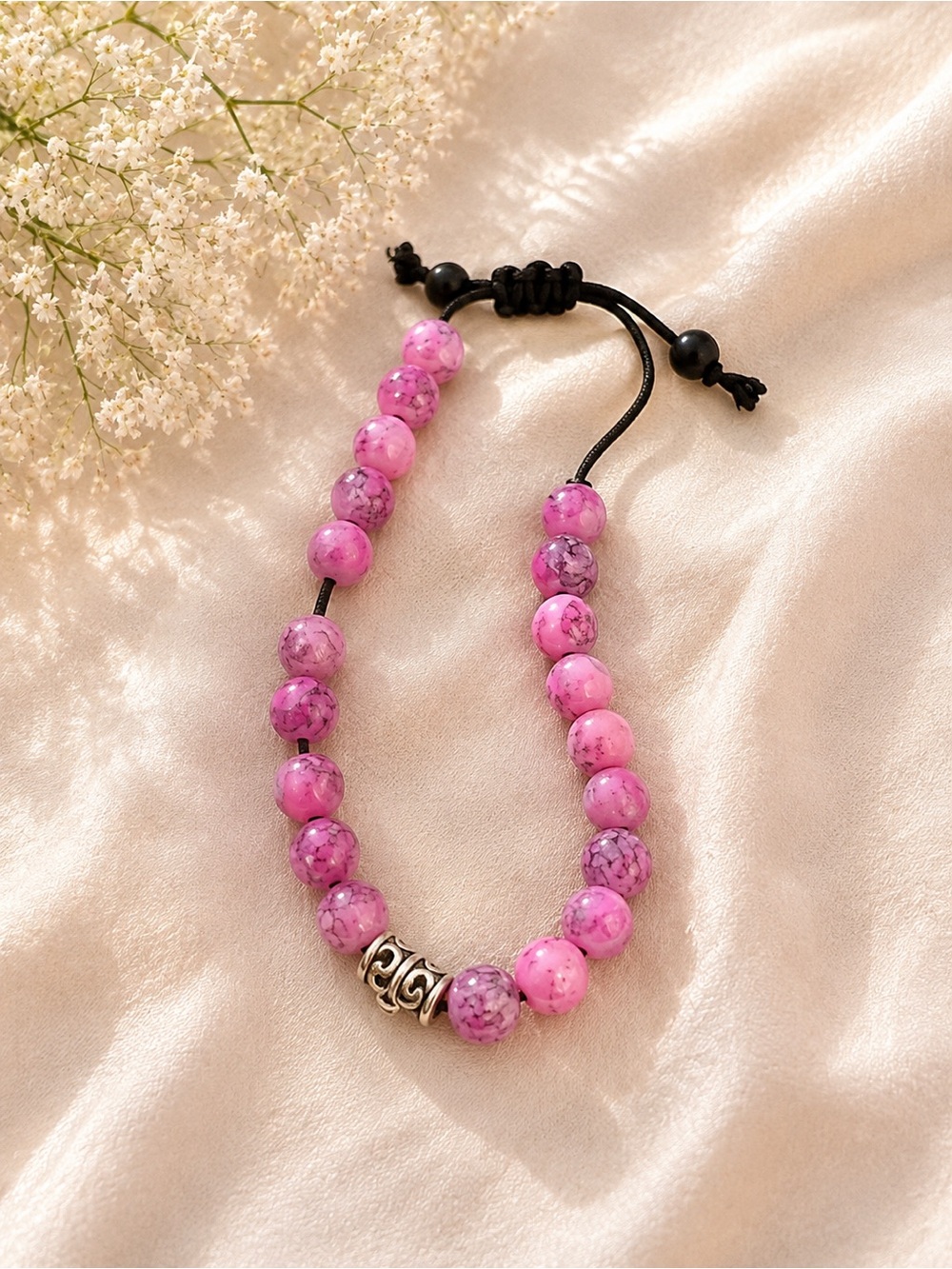 Pink Beaded Adjustable Bracelet with Silver Accent